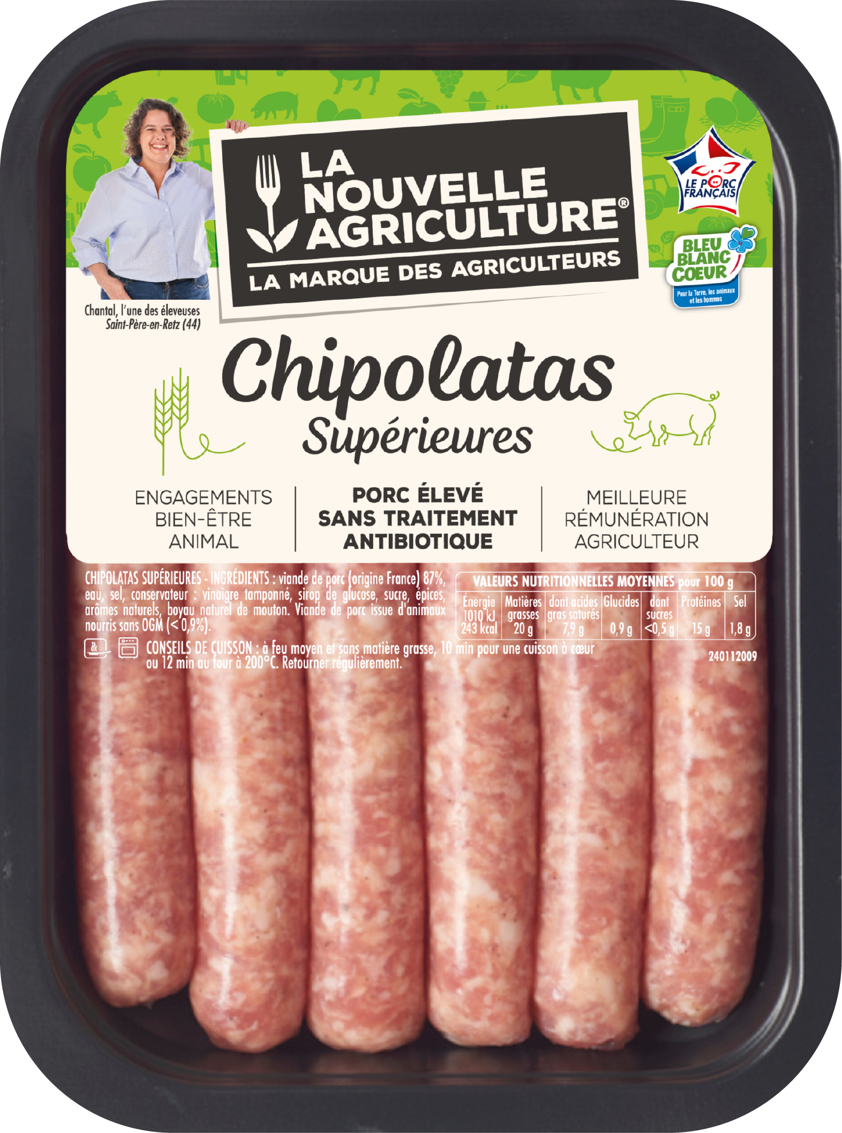 Pack produit de Chipolatas supérieures de porc Bleu-Blanc-Cœur La Nouvelle Agriculture